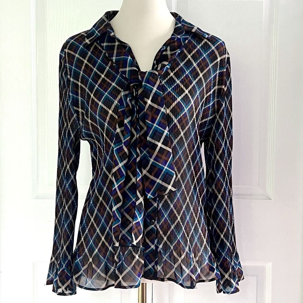 Nicola Y2K Navy Blue Brown Plaid Scarf Neck Ruffled Blouse Womens L Semi Sheer